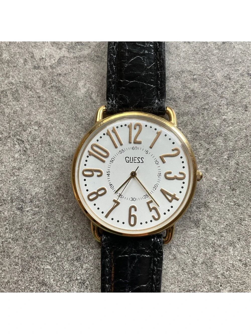 Vintage Guess Unisex Watch 40mm Gold Tone Case White Dial Black Leather Band A5